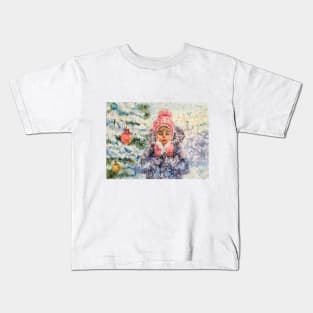 Winter girl blowing snow Kids T-Shirt